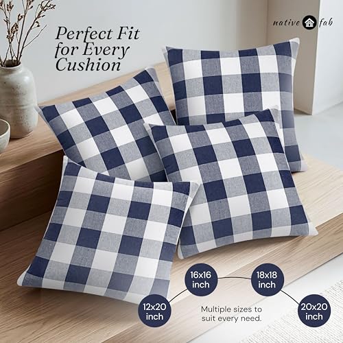 Native Fab Premium Throw Pillow Covers 2 Pack, 16x16 Inches, 100% Cotton, Buffalo Checkered Pattern, Square Cushion Cases, Modern Farmhouse Decor for Bedding, Bench, Home, Navy Blue & White - color: Buffalo Navy Blue, size: 16" x 16" (Pack of 2)