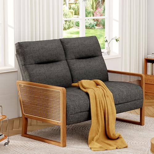 Alunaune Modern Loveseat Bench Couch with Natural Rattan Arm, Upholstered Linen Small Love Seat Sofa 2-Seats Living Room Couch Settee, Comfy Lounge Recliner Chair-Grey - color: Grey