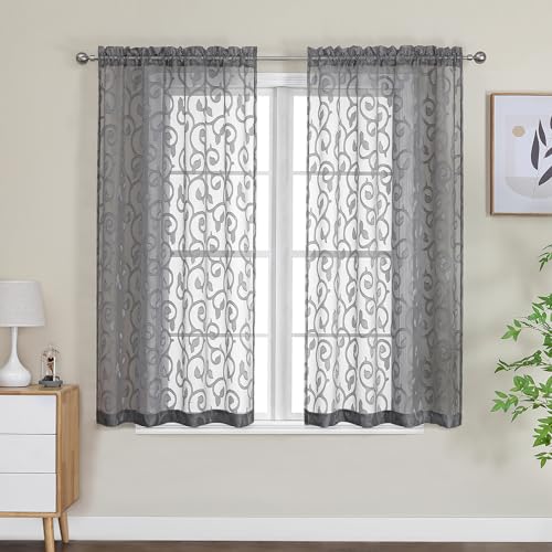 Furman Sheer Curtains 45 Inch Long 2 Panels Set, Airy Jacquard Clip Short Voile Curtains for Kitchen Dinning Room Small Windows Bedroom Living Room, Top Dual Rod Pocket, Grey, 28Wx45L inch - color: Charcoal Gray, size: 28"W x 45"L (Pack of 2)