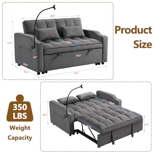 3 In 1 Velvet Convertible Sofa Bed, Pull Out Couch Bed with Reclining Backrest And 2 Pillows, 54" Full Size Loveseat Sleeper Sofa Futon Couch Bed, Couches For Small Spaces, Living Room (Dark Gray①) - color: Dark Gray①