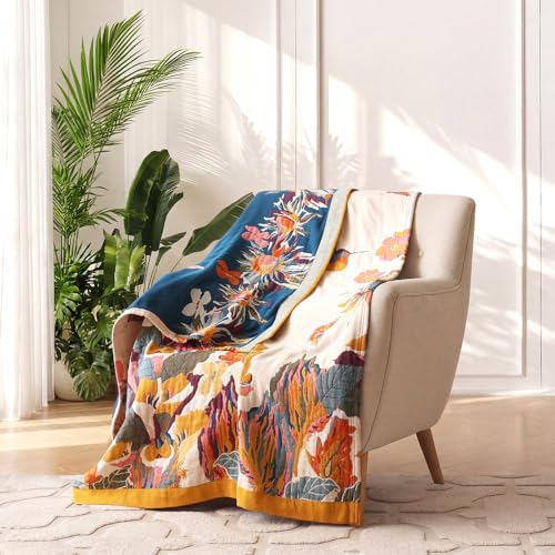 LUTBM Boho Throw Blanket for Couch 50"x60", 100% Cotton Summer Bed Blankets | Reversible Floral Butterfly Jacquard, All-Season, For Chair Sofa Living Room, Lightweight & Breathable Gauze, Bohemian Decor - color: Boho-floral-h, size: 50"×60"