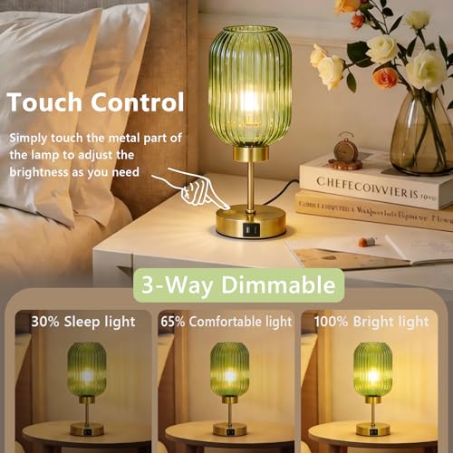 LAMSU Vintage Table Lamp for Bedroom with Bulb, Small Green Glass Beside Lamp with USB Ports, 3 Way Dimmable Gold Desk Lamp, Mid Century Modern Nightstand Lamp for Living Room, Office, Home Decor - color: Green