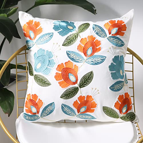 Set of 2 Embroidered Decorative Throw Pillow Covers Couch Square Pillowcases Cushion for Bedroom Sofa Farmhouse Decor 18x18 Inch (Flower) - color: Flower