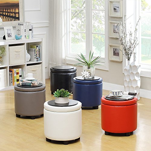 Designs4Comfort Round Accent Storage Ottoman in Black Faux Leather Fabric - color: Black
