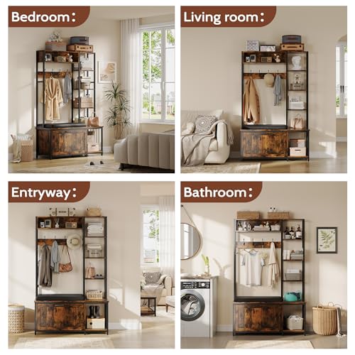 Hall Tree Coat Rack, Hall Tree With Bench and Shoe Storage Shoe With, Mud Room Storage Furniture,39.37 X 15.74 X 69.69 Inches, Brown - color: Brown
