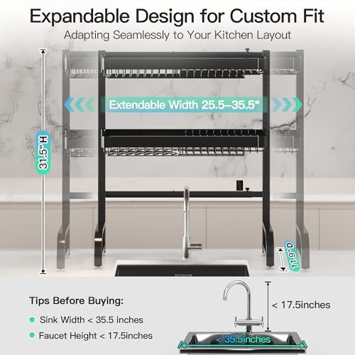 3 Tier Extra Large Stainless Steel Over The Sink Dish Drying Rack | Rust Proof Metal, Expandable Kitchen Sink Drainer, Counter Space Saving, Heavy Duty, Modern Black, Multifunctional Storage - color: Black, size: Over Sink 3 Tier