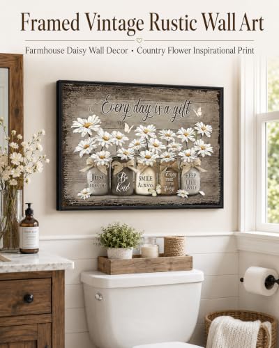 Framed Vintage Rustic Wall Art Farmhouse Daisy Wall Decor Country Flower Inspirational Print Picture Floral Still Life Canvas Painting for Bedroom Bathroom 12x16 Inch - color: Daisy, size: 12"L x 16"W