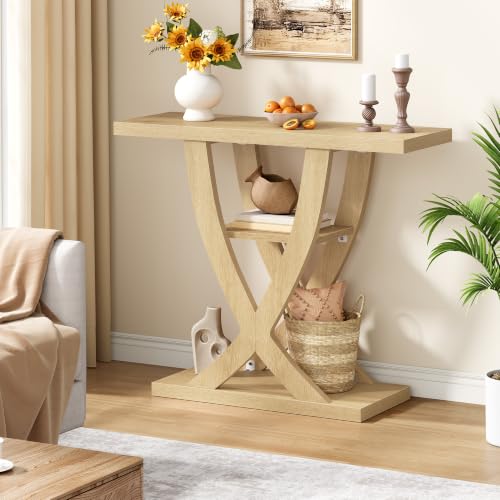 FAVOOSTY 39.4" Entryway Table, 3 Tier Hallway Table, Console Tables for Living Room, Narrow Entrance Table with Storage, Sofa Table Behind Counch, Accent Table for Entry Foyer, Natural Brown - color: Natural Brown