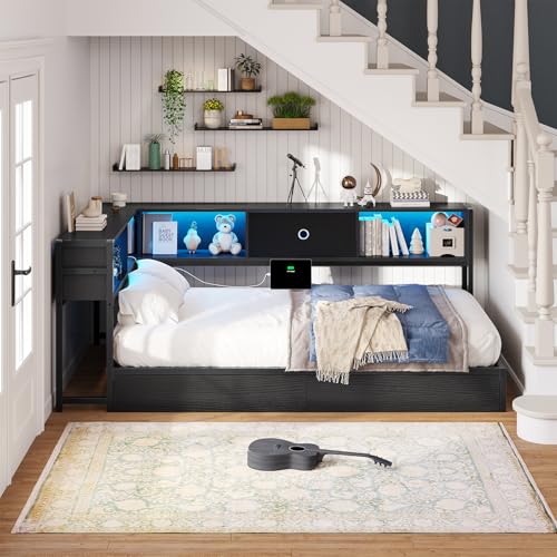 Twin Corner Bed Frame with Storage Drawers and Bookcase Headboard, Twin Size Metal Platform Corner Bed Frame with Charging Station and LED Lights, Twin Daybed for Kids Teens Guests, Black - color: Black, size: Twin