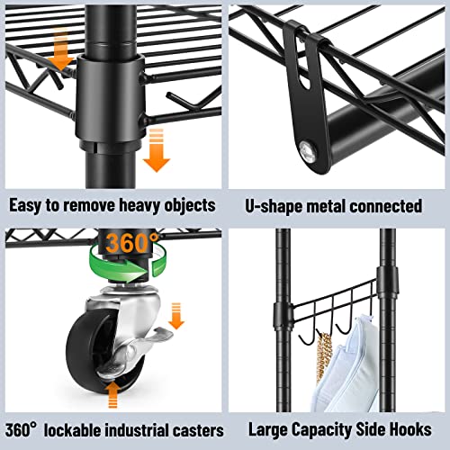 Homdox Rolling Garment Rack with Double Rod, Heavy Duty Clothing Rack with Shelves, Portable Clothes Rack, Free Standing Wardrobe Rack, with Lockable Wheels & Hanging Hooks, Max Load 450 LBS, Black - color: Black, size: 17.72"D x 47.24"W x 80.71"H