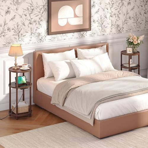 HOOBRO Small Round Side Table with Charging Station, 3-Tier Round Bamboo End Table, Compact Sofa Bedside Table for Small Space, Easy Assembly, for Living Room, Bedroom, Apartment, Mocha MA152UBZ01 - color: Mocha
