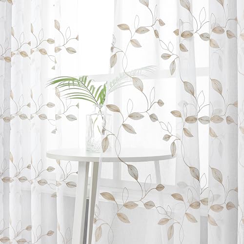 Tollpiz Taupe Leaf Sheer Curtain Bedroom Short 38 x 45 Inches | Leaves Embroidered Curtains Rod Pocket Voile Window Treatments for Living Room, Set of 2 Panels - color: Taupe, size: 38"W x 45"L (Pack of 2)