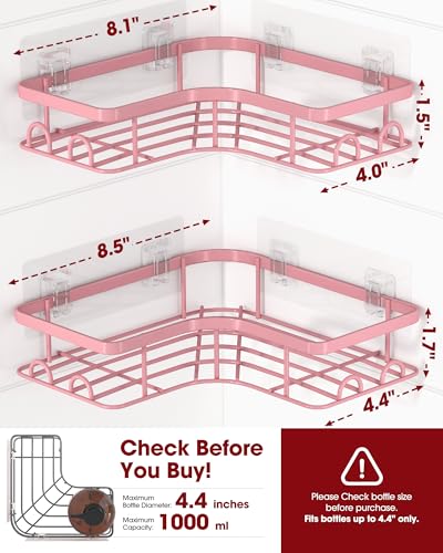 Sakugi Corner Shower Caddy - 2 Pack, Adhesive Shower Organizers, Rustproof Stainless Steel Shower Shelves with 8 Hooks, No Drilling Bathroom Organizers and Storage Racks, Space-Saving, Pink, Medium - color: Pink, size: Medium
