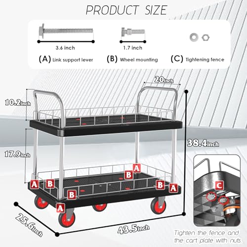 Utility Service Cart 2 Shelf - 880lbs Capacity Heavy-Duty Plastic Rolling Utility Carts with 5 of 360° Swivel Wheels and Handle, Large Service Cart for Groceries, Warehouse,Garage 43.5''x25.6'' - color: 880lbs
