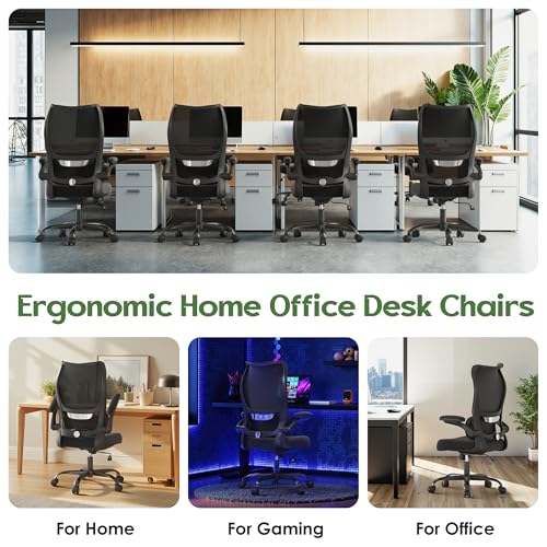 Office Chair Ergonomic Desk Chair - Comfy Mesh High Back Office Chair with Lumbar Support Wheel Home Desk Office Chairs Flip up Armrest Executive Rolling Swivel Task Computer Chair Black Silver - color: Black Silver