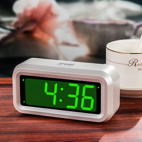 Digital Alarm Clock Battery Operated with LED Display for Bedrooms, Long Battery Life for 12 Months, 3 Brightness Adjustable, 12/24 Hour, Snooze, White Case with Green Digits - color: White-green