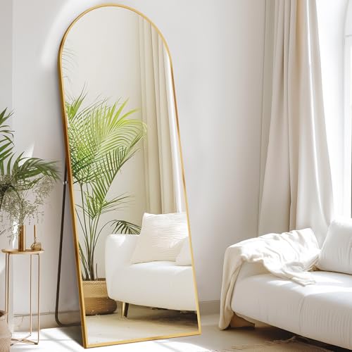DUMOS 58"x19" Arched Full Length Mirror with Stand, Full Body Floor Mirror | Free Standing or Wall Mount, Nano Glass Aluminum Frame, Hanging or Leaning, Modern Simple Home Decor, Gold - color: Gold-rounded, size: 58"L x 19"W
