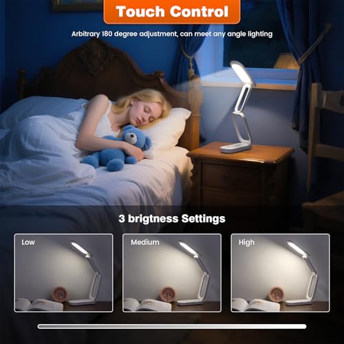Foldable LED Desk Lamp, Rechargeable Battery Operated Portable Light with 3 Brightness Levels, 180° Adjustable Eye-Caring Mini Lamp for Home Office, Reading & Travel (White)