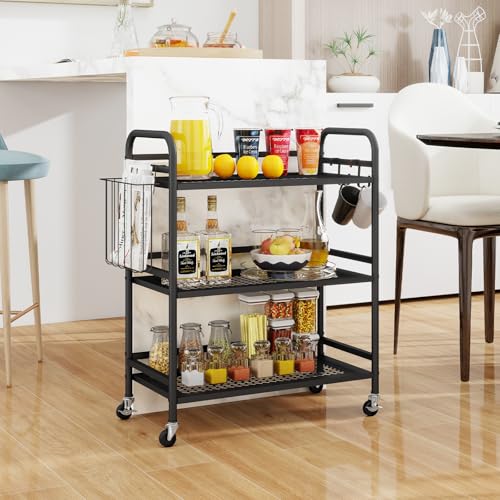 HDANI 3 Tier Metal Mesh Utility Cart,Large Capacity Multipurpose Heavy Vehicle,Rolling Trolley with to Hooks and One Basket(Black) - color: Black, size: Large Mesh with Basket