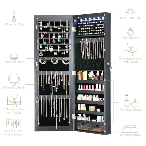 LED Jewelry Cabinet Armoire Organizer,Wall/Door Mount Jewelry Organizer and Storage with Full-Length Mirror Hanging Jewelry Organizer Full Length Mirror with Storage Large Capacity Black - color: Black, size: 43.3*14.6 LED Mirror
