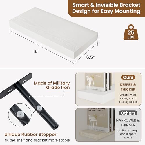 fuqing Floating Shelves for Wall, Wall Mounted Wood Floating Shelf with Invisible Brackets for Living Room, Bathroom, Bedroom, Kitchen Storage and Decor, 16 Inch Set of 2, White - color: White, size: 16"W x 6.5"D , 2 Pack