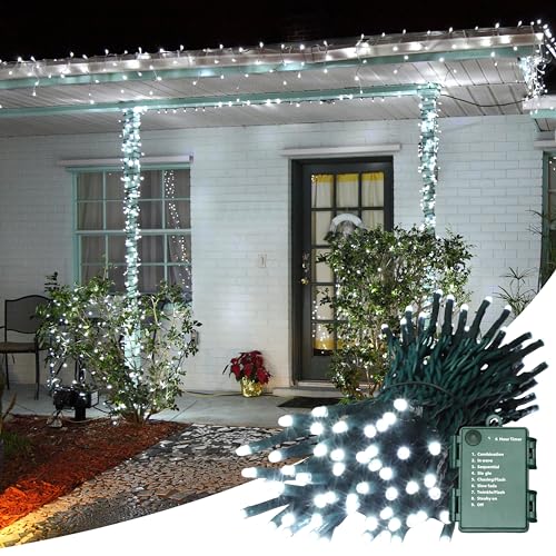 34.1FT 100 LED Battery Operated Christmas Tree Lights Indoor Outdoor Cluster String Light with Timer 8 Modes Dark Green Wire Fairy Light Xmas Patio Bedroom Garden Decorations (White) - color: White-Green wire, size: 100 LED