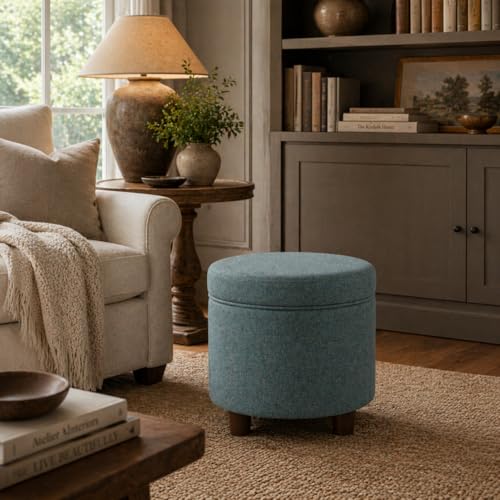 Homepop Home Decor | Upholstered Round Storage Ottoman | Ottoman with Storage for Living Room & Bedroom, Teal Tweed Large - color: Teal