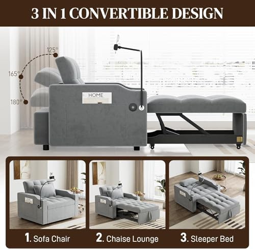 Sleeper Sofa Chair Bed 3 in 1 with Charging Ports, Phone Holder & Cup Holders - Modern Velvet Convertible Pull Out Single Sofa Bed for Small Spaces, Apartment, Dorm (Light Gray) - color: Light Gray