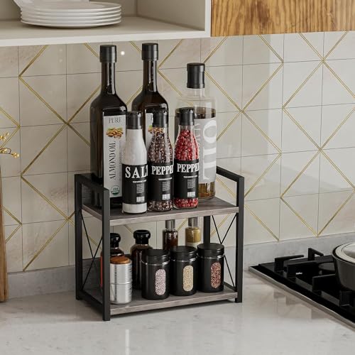 Giikin Countertop Shelf Organizer, 2 Tier Kitchen Spice Rack for Countertop, Wood Kitchen Counter Shelf for Home, Coffee Station Organizer (Grey,S) - color: Grey, size: Small