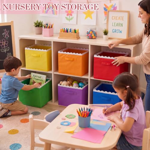 Yalikop 6 Pcs Rainbow Scalloped Cube Storage Bins 11 Inch Fabric Storage Basket with Handle Collapsible Clothes Closet Organizer Bin for Classroom Books Toy Box Nursery School Organizing - color: Rainbow
