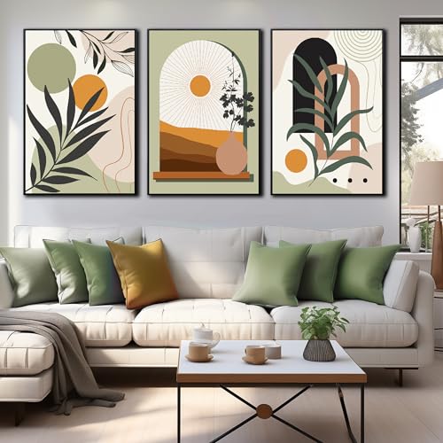 Green Boho Artwork for Walls Bohemian Wall Decor for Bedroom Women | Plant Wall Art For Living Room With Black Frame,Modern Minimalist Home Office Wall Decoration Size 20 x 30 Inch 3 Panels - color: Green, size: 30"x20"x3PCS Framed