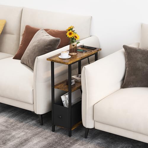 Narrow Side Table with Charging Station, Skinny End Table for Small Spaces, Thin Sofa Side Table with 1 Fabric Drawer, Slim Nightstand for Living Room, Bedroom, Rustic Brown - color: Brown, style: With Plug