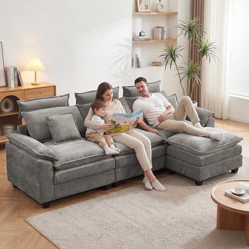 103'' Modular L Shaped Sofa, Cloud Deep Seat Sofa Couch with Ottoman, Detachable Headrest, 3 Seater Sectional Sofas for Living Room, Apartment, Studio, Light Grey - color: Light Grey, size: L Shaped Couch