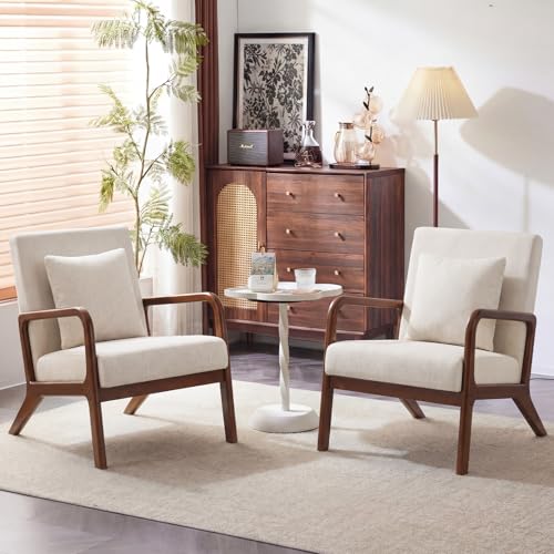 Mid Century Accent Chair with Solid Wood Frame & Linen Fabric, Beige | Upholstered Lumbar Pillow Lounge Chair Linen Fabric Cozy Leisure Chair Walnut Living Room Chair for Bedroom Waiting Room - color: Walnut Wood - Beige Fabric, style: 1 PCS