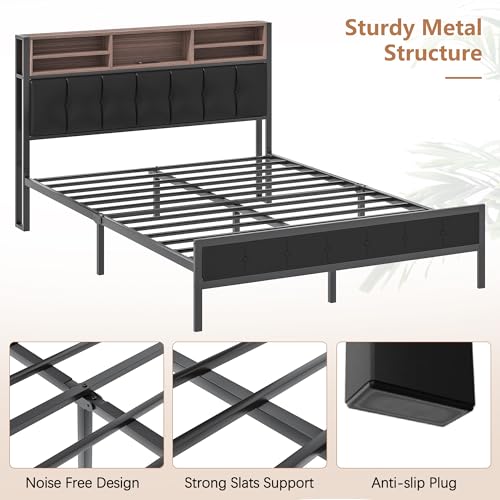 VECELO Farmhouse Metal Bed Frame Twin Size with Wooden Headboard & Footboard, Solid Platform Mattress Foundation with Storage, LED Light, Charging Station, USB Ports, Noise-Free, Easy Assembly, Black - size: Twin