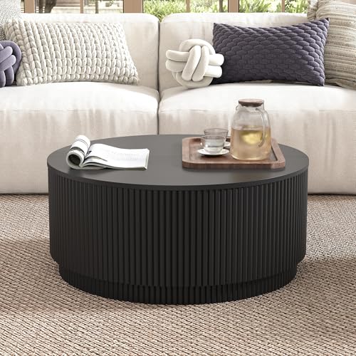 31.5" Round Coffee Table with Storage, Modern Accent Coffee Tables with Fluted Base, Wooden Circle Center Table for Living Room Small Space Apartment Office (Black) - color: Black 31.5" Round Flip-top