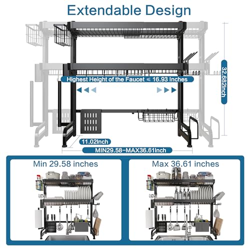 LIVOD Over The Sink Dish Drying Rack,3 Tier Adjustable Length Full Stainless Steel Large Storage Kitchen Dish Rack,for Kitchen Counter Expandable Multifunctional Organizers,Silver(25.5'' to 37.4'') - color: Black, size: 3 Tier Style B