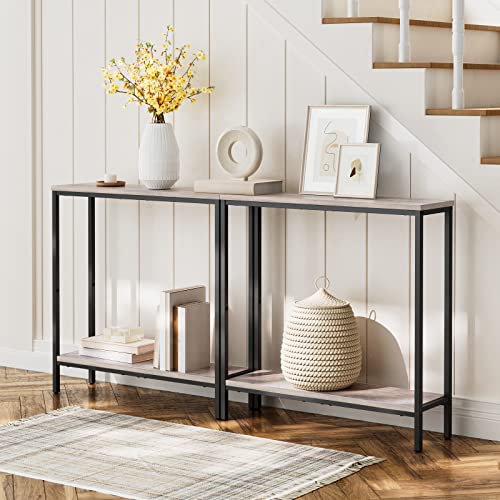 HOOBRO 29.5" L Narrow Console Table, 8.7" D Small Entryway Table | Sofa Table Behind Couch with 2-Tier Storage Display Shelves for Hallway, Foyer, Living Room, Bedroom - color: Greige and Black