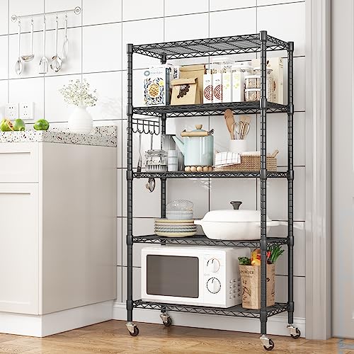 Homdox 5 Tier Metal Storage Shelves with Wheels, Heavy Duty Wire Shelving Unit, Adjustable Storage Racks with Side Hooks for Bathroom Kitchen Garage Pantry Organization, Black - color: Black, size: 29.92*13.78*62.20 inch