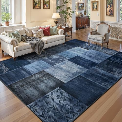 Washable Area Rugs 5x7 for Living Room, Modern Geometric Navy Blue Soft Patchwork Carpet, Non-Slip Stain Resistant Throw Rug for Bedroom Dining Room Office Home Decor - color: Navy Blue, size: 5 Ft X 7 Ft