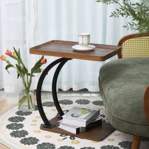 2 Tier Trays C Shaped End Table for Sofa, Heavy Duty with Double Dual Bent Metal Tubes Support,Dimension W20.5*D13.4*H25.5, Couch Table that Slides Under,Raised Edges Prevent Falling Off