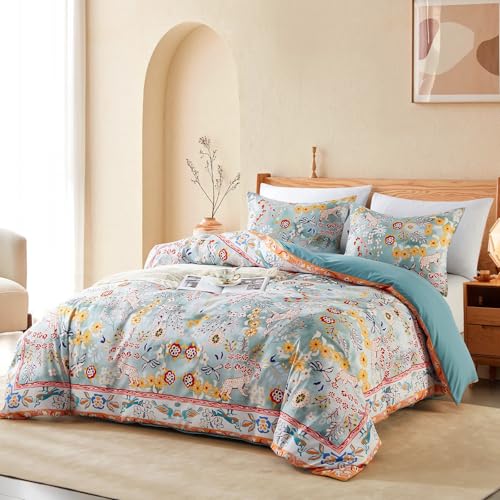 Cupocupa Duvet Cover Full Size Set Boho Floral Pattern Full Christmas Duvet Cover Set for Full Size Bed Vintage Soft Bedding Leaf Print Duvet Cover with Pillowcases - color: Green Ct, size: Full