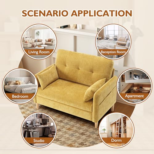 Urhanherry 47" Small Sofa Couch for Bedroom, Soft Chenille loveseat Mini Couch with Throw Pillow and Removable Cushion Cover for Small Spaces, Living Room, Apartment, Dorm, Office(Yellow) - color: Yellow