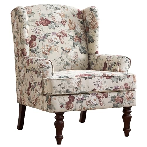 HUIMO Printed Wingback Accent Chair, Linen Upholstered High Back Armchair, Comfy Reading Chair for Living Room Bedroom Study, 300lbs Weight Capacity (1, Red Floral) - color: Red Floral