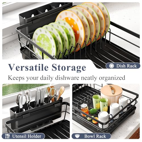 SAYZH Dish Drying Rack for Kitchen Counter with Utensil Holder, Black | Stainless Steel, Large Capacity, Angled Drainboard, Rotating Spout, Removable to Clean - color: Black