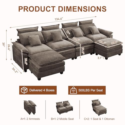134'' U Shaped Sectional Couch, Cloud Deep Seat Sofa Couch with 2 Ottoman, Detachable Headrest, Oversized Modular 5 Seater Sofas for Living Room, Brown - color: Brown, size: U Shaped Couch