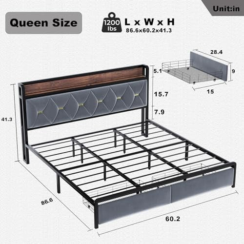 Ailisite Queen Size Bed Frame with 2 Storage Drawers, Upholstered Grey Platform Bed Frame with Typ-C Charging Port, LED Bed Frame with Storage Headboard,Metal Slats, Heavy Duty,No Box Spring Needed - color: Light Grey, size: Queen