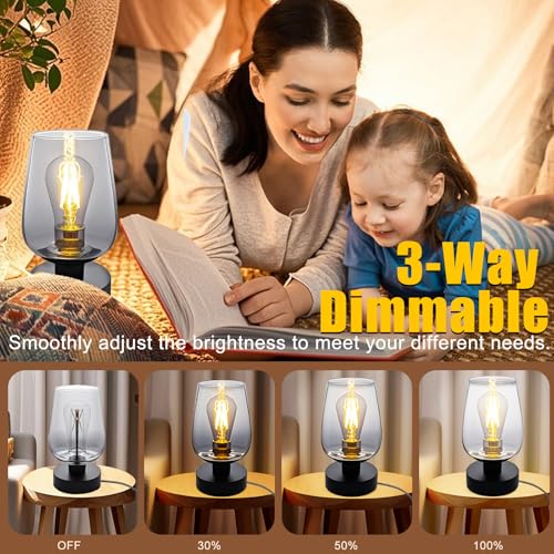 INVGOOD 3 Way Dimmable Touch Bedside Table Lamp, Black Glass Small Desk Lamp with Three Charging Ports for Bedroom Living Room Nightstand, 800LM LED Warm White Bulb Included - color: Black