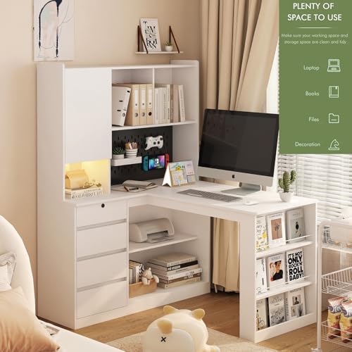 KEIKI L Shaped Home Office Desks with LED Light, Pegboard, Hutch, Drawers, Bookshelf & Storage Shelves, Modern Wooden Gaming Computer Corner Table for Work, Study, Writing