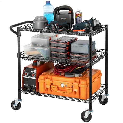 Finnhomy 3 Tier Heavy Duty Commercial Grade Utility Cart, Wire Rolling Metal Trolley with Handle Bar, Steel Kitchen Service Cart with Wheels, Food Storage Trolley on Wheels, NSF Listed, Black - size: 30"L x 18"W x 32.4"H-3 Tier, style: Black Cart